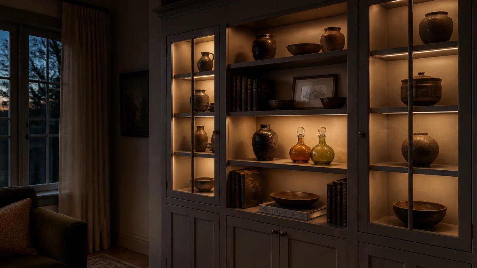 warm light inside glazed built-in cabinets illuminating pottery at dusk