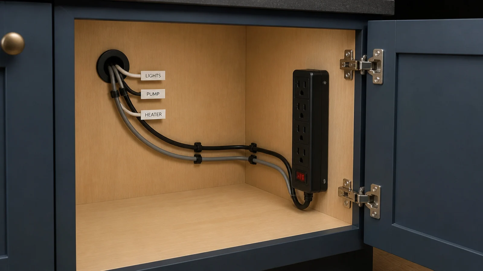 cables routed neatly through a grommet inside a living room built-in cabinet