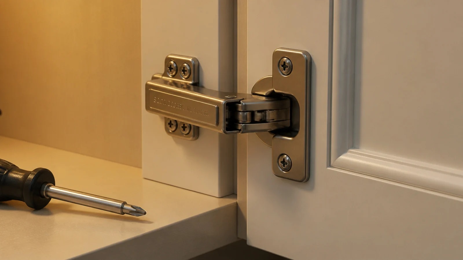 soft close hinge being fitted inside a living room built-in cabinet door