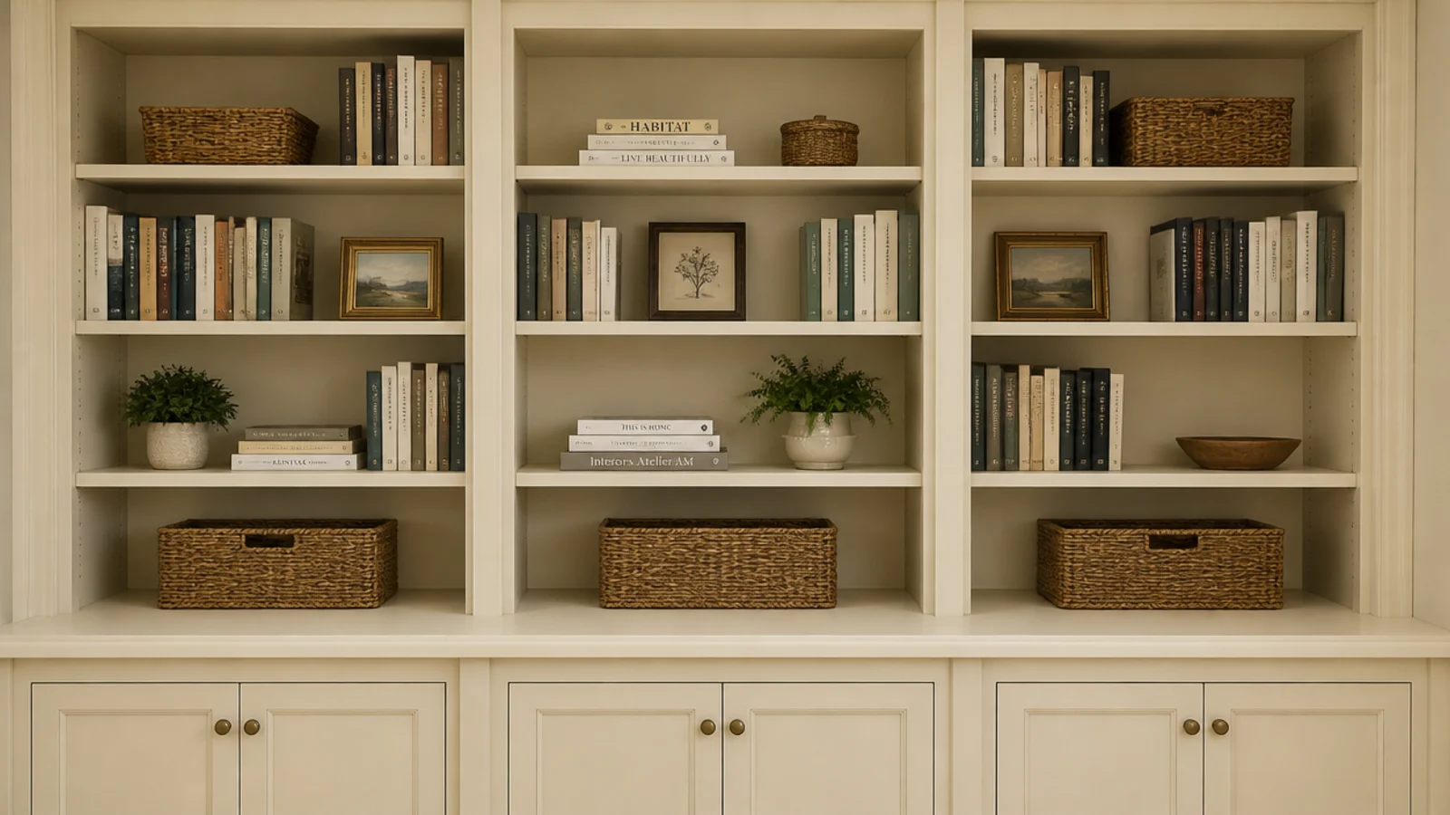 adjustable upper shelves above a fixed structural shelf in living room built-ins
