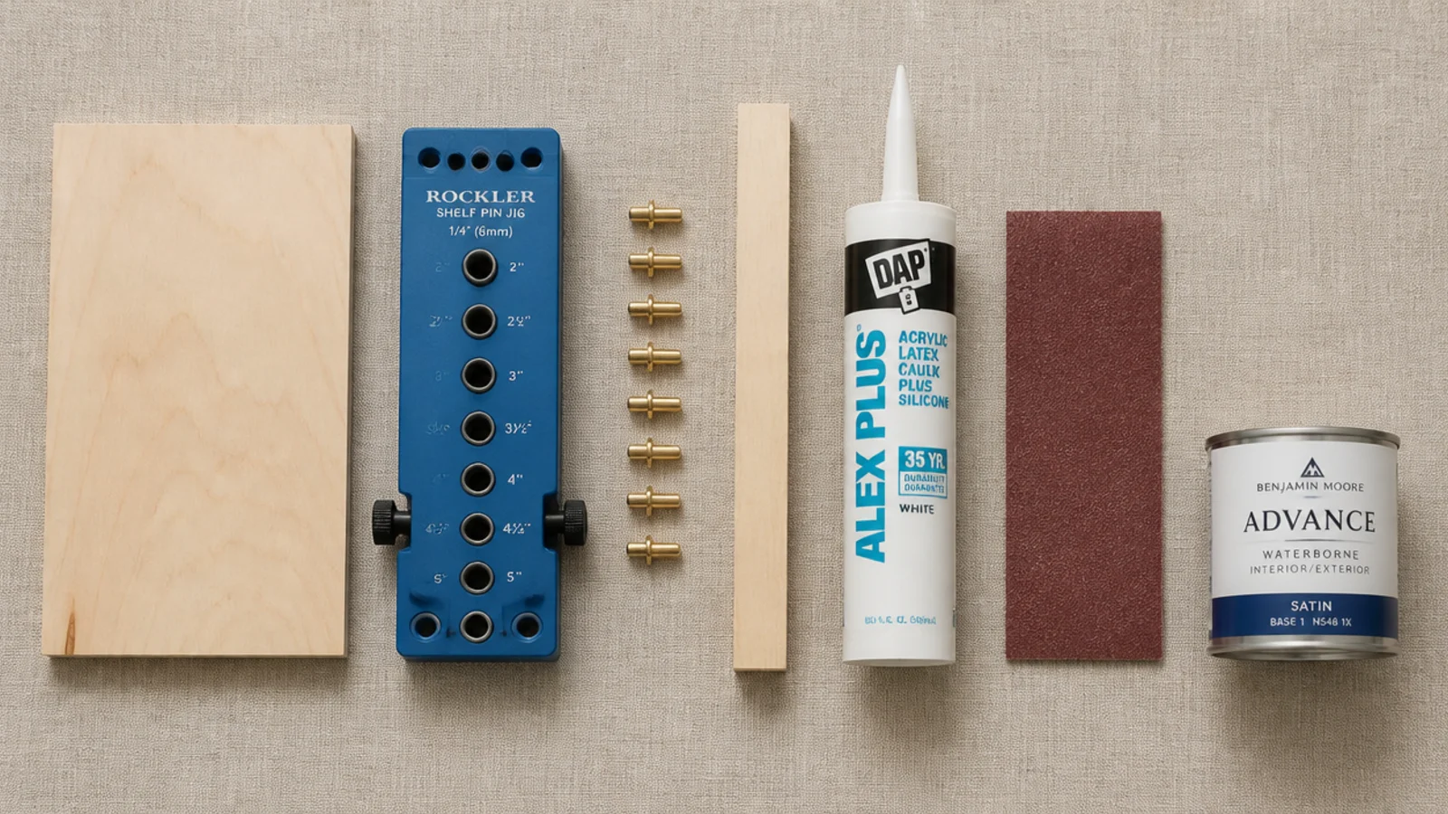 flat lay of plywood offcut shelf pins clamps and trim paint on linen