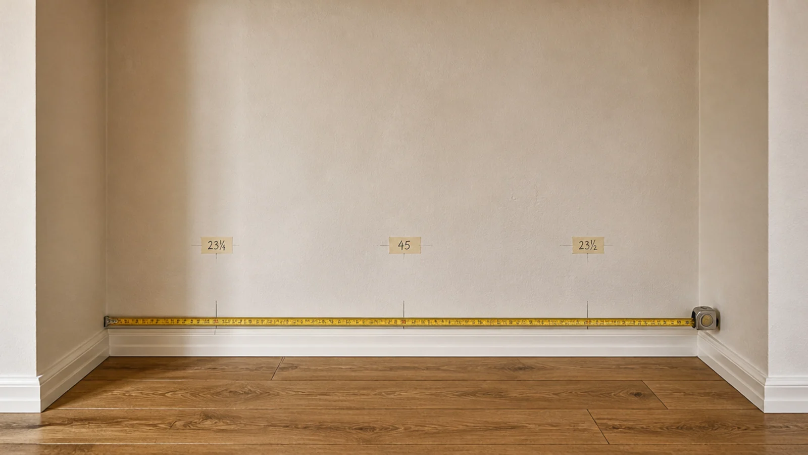 tape measure spanning an alcove at floor height for diy built in shelves