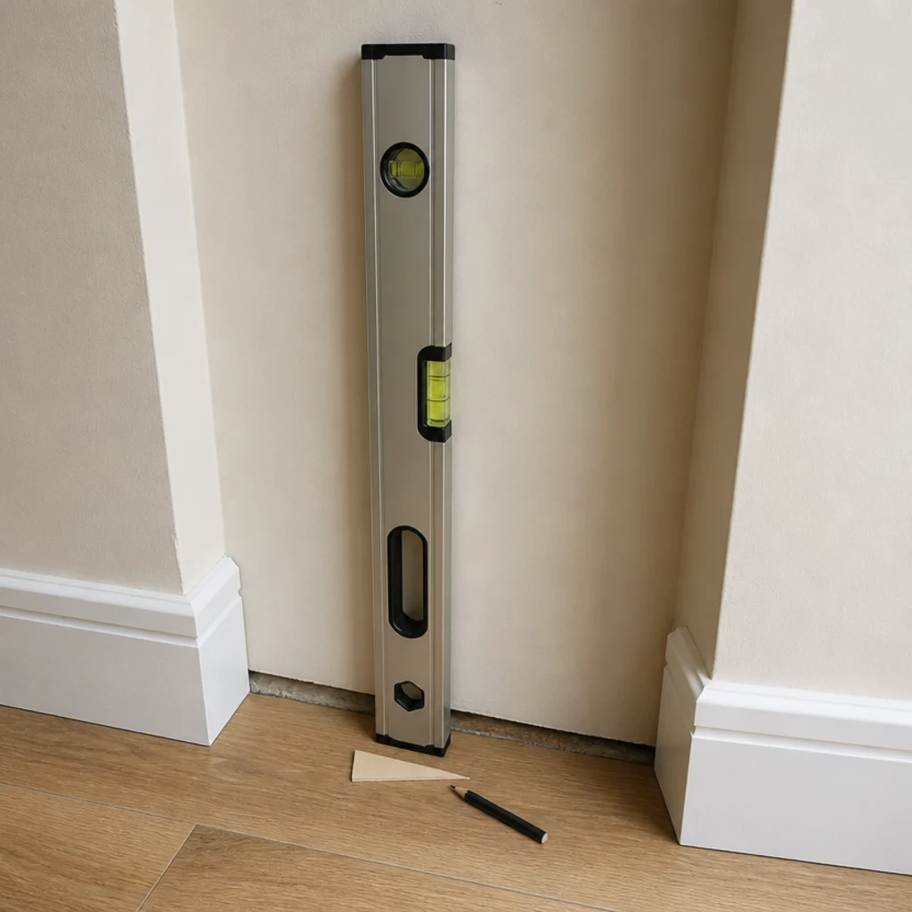 long spirit level held vertically against an alcove wall showing a gap