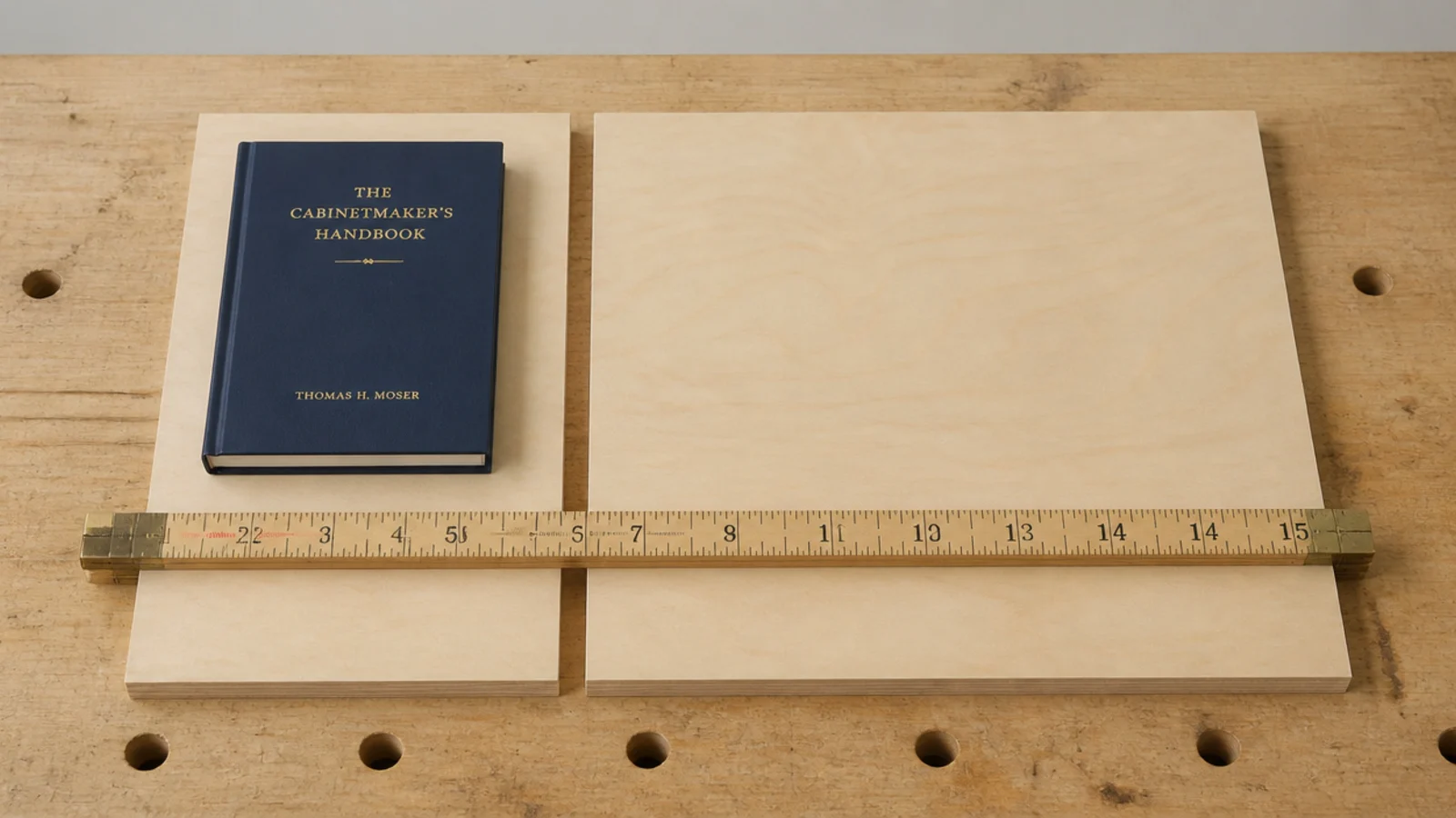 two plywood offcuts showing eleven and fifteen inch shelf depths compared