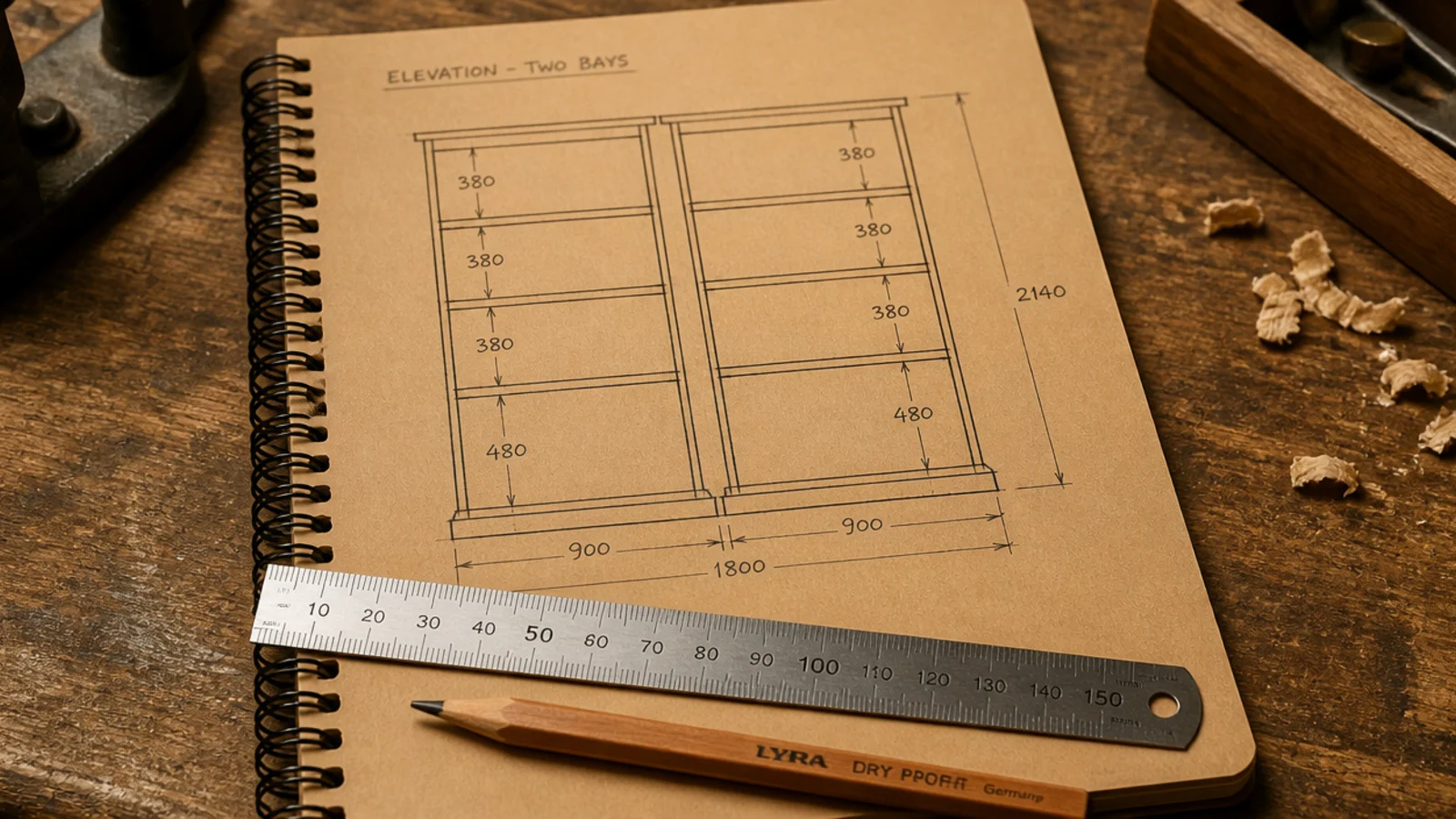 pencil sketch of built in shelf bays with measurements on kraft paper
