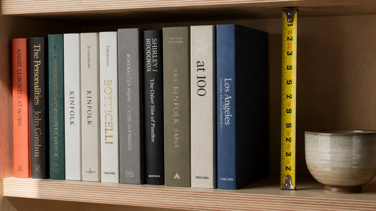 hardback books standing between two shelves showing clear spacing height