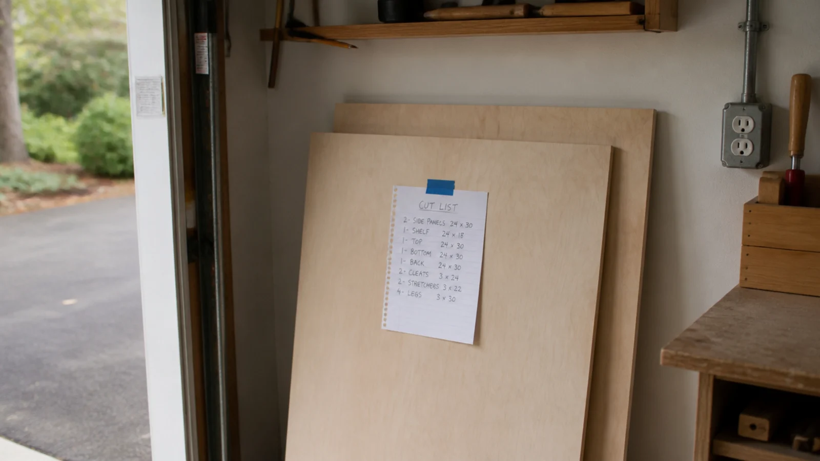 stacked birch plywood sheets with a written cut list resting on top