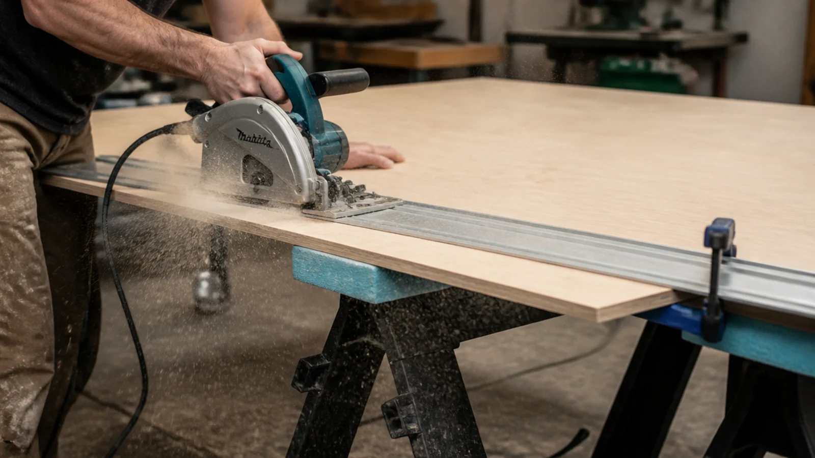 circular saw cutting plywood along a clamped straightedge guide rail