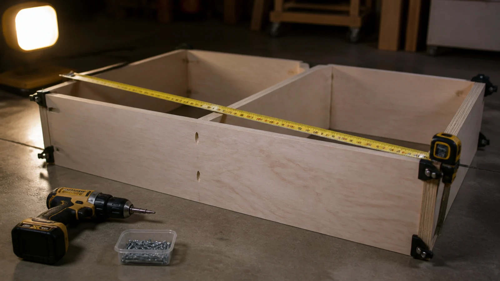 plywood shelf carcass assembled flat on the floor with clamps holding joints