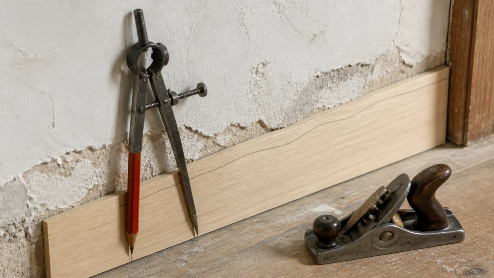 compass tracing a wall profile onto a poplar filler strip for built ins