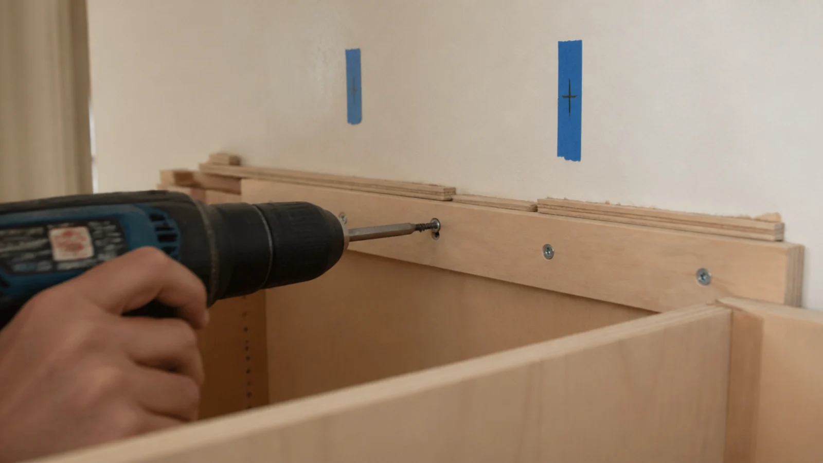 plywood built in carcass being screwed to wall studs inside an alcove