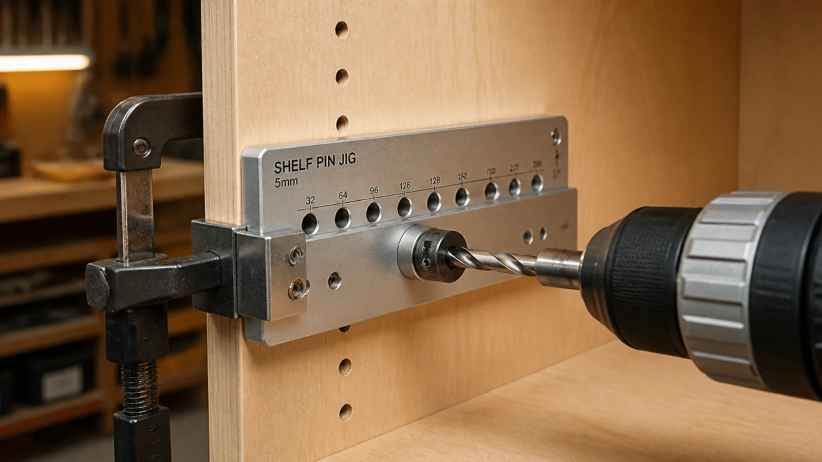 shelf pin jig clamped to a plywood side panel being drilled for pins