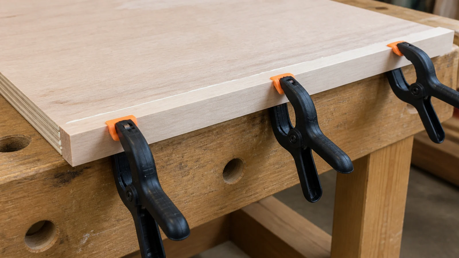 solid poplar lip clamped to the front edge of a plywood shelf board