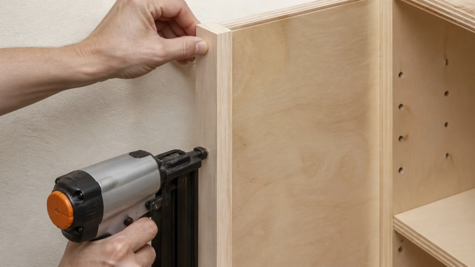 poplar face frame stiles pinned to the front of plywood built in shelves