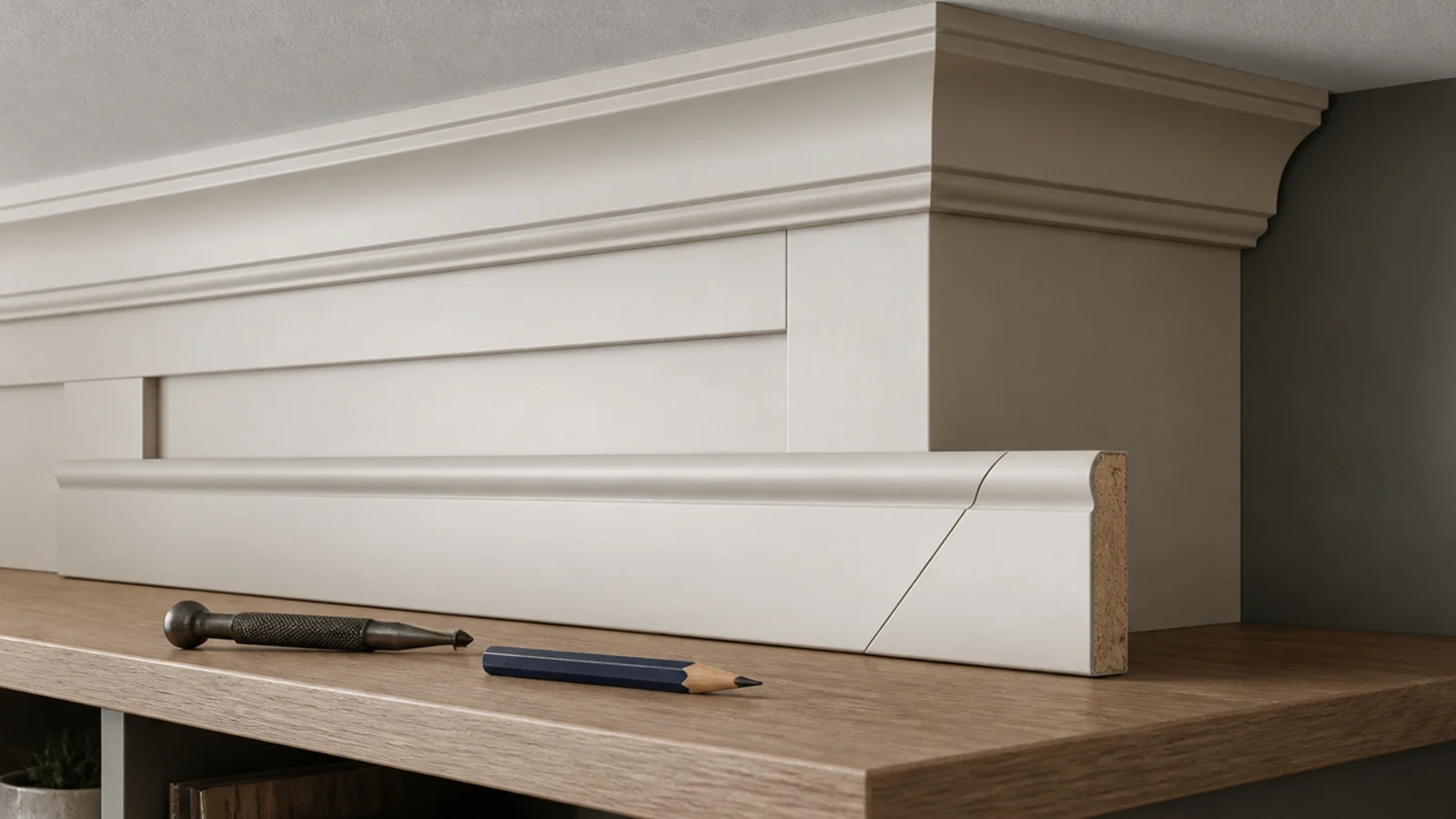 baseboard and crown trim closing the gap around built in shelving