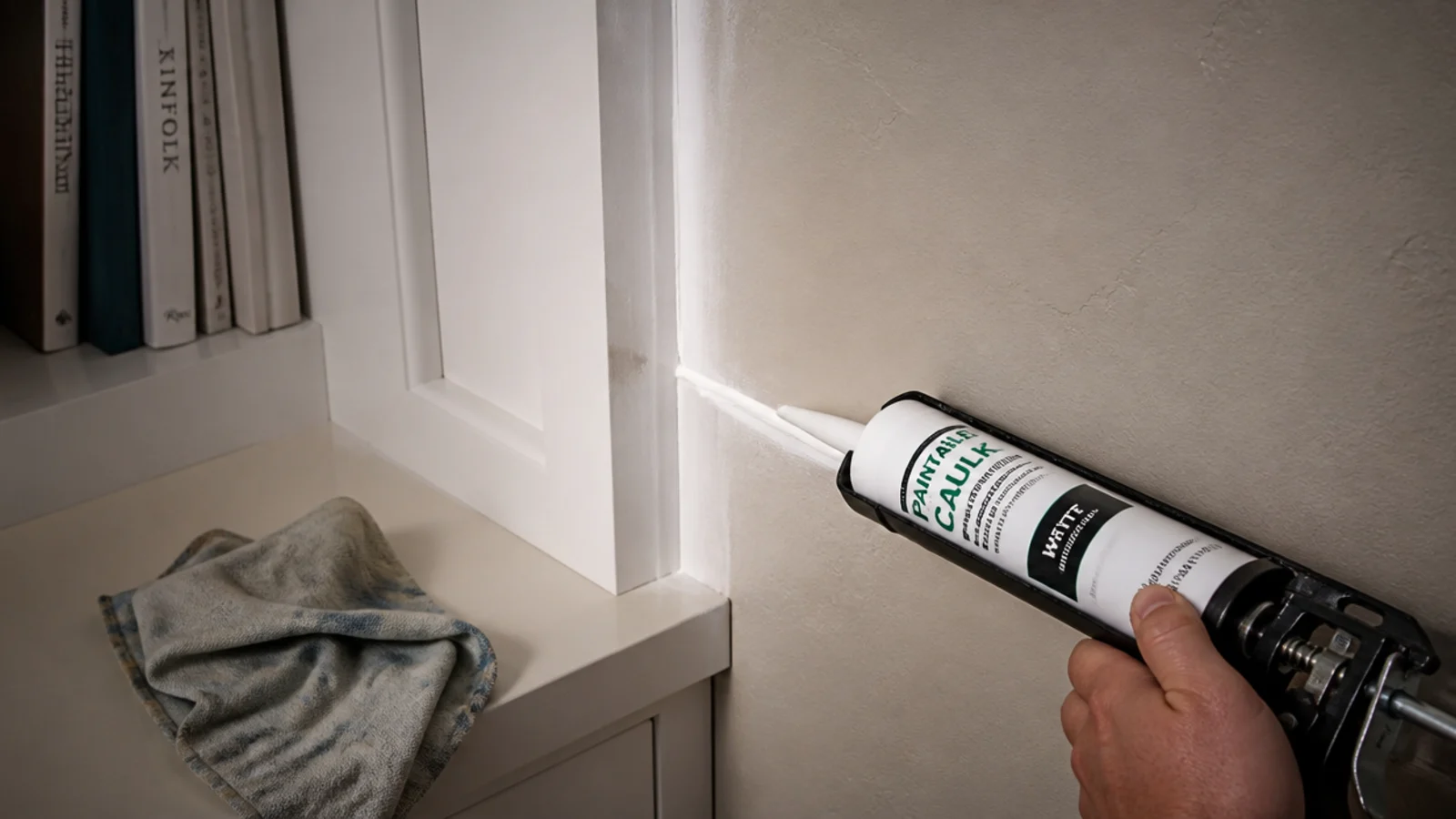 caulk bead being run along the joint between built in shelves and wall