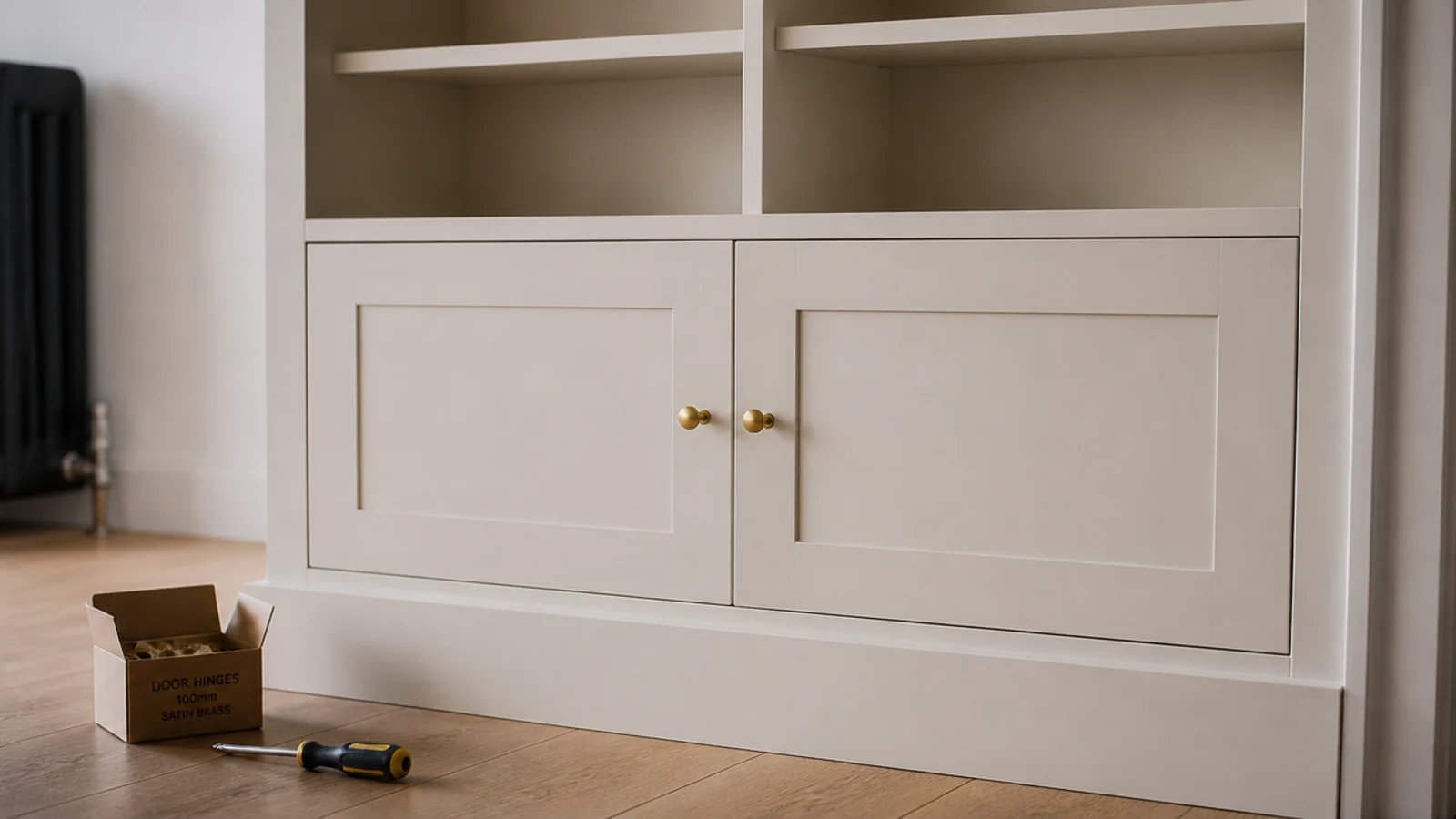 shaker cabinet doors fitted to the base bays of built in shelving