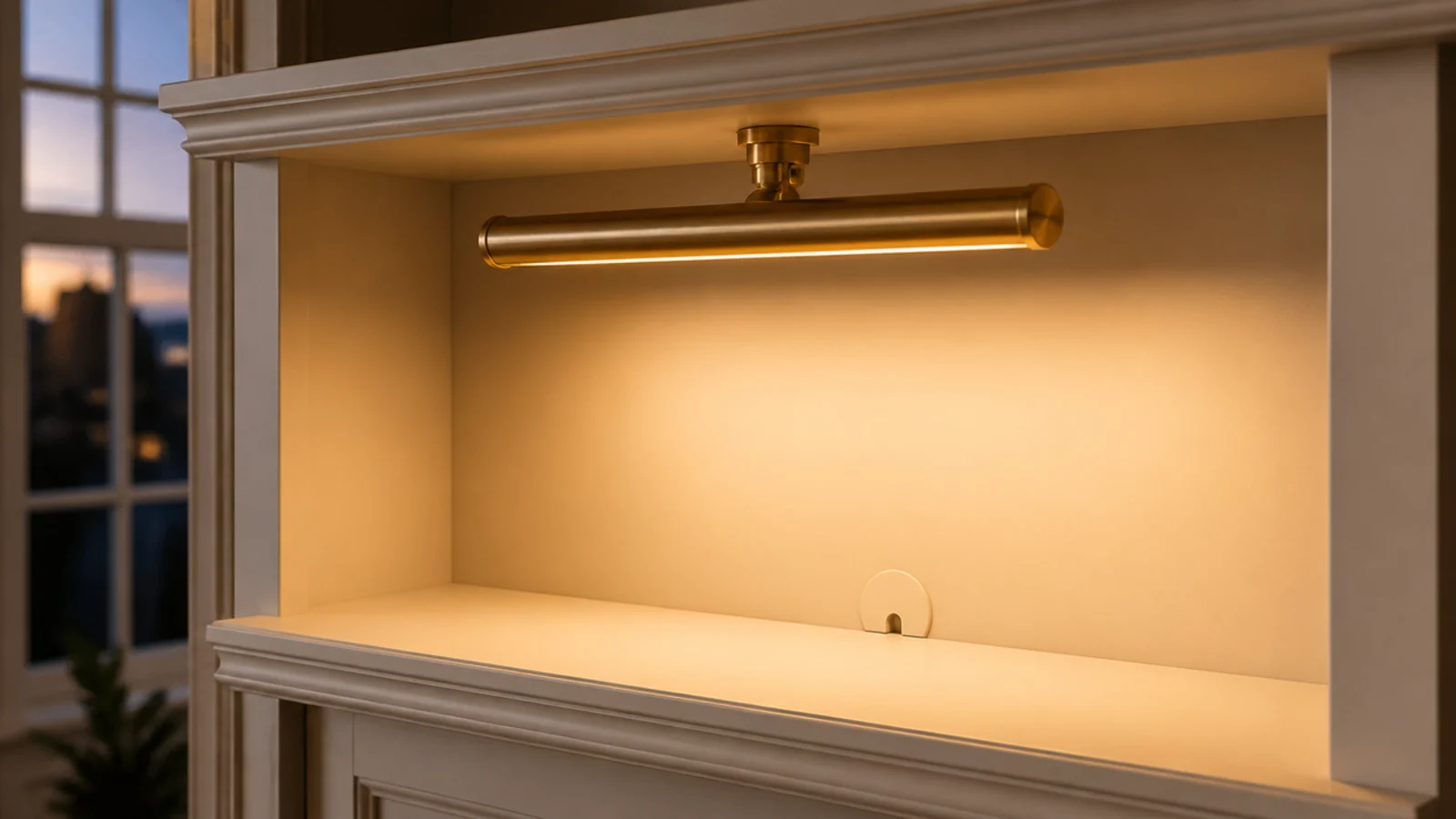 brass picture light and hidden cable channel above a built in shelf bay