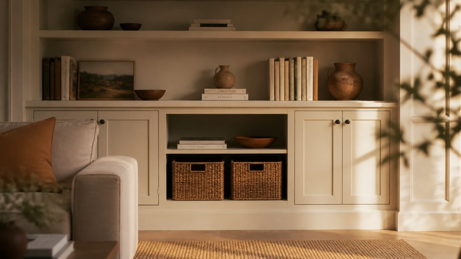 finished painted built in shelves styled with books pottery and baskets