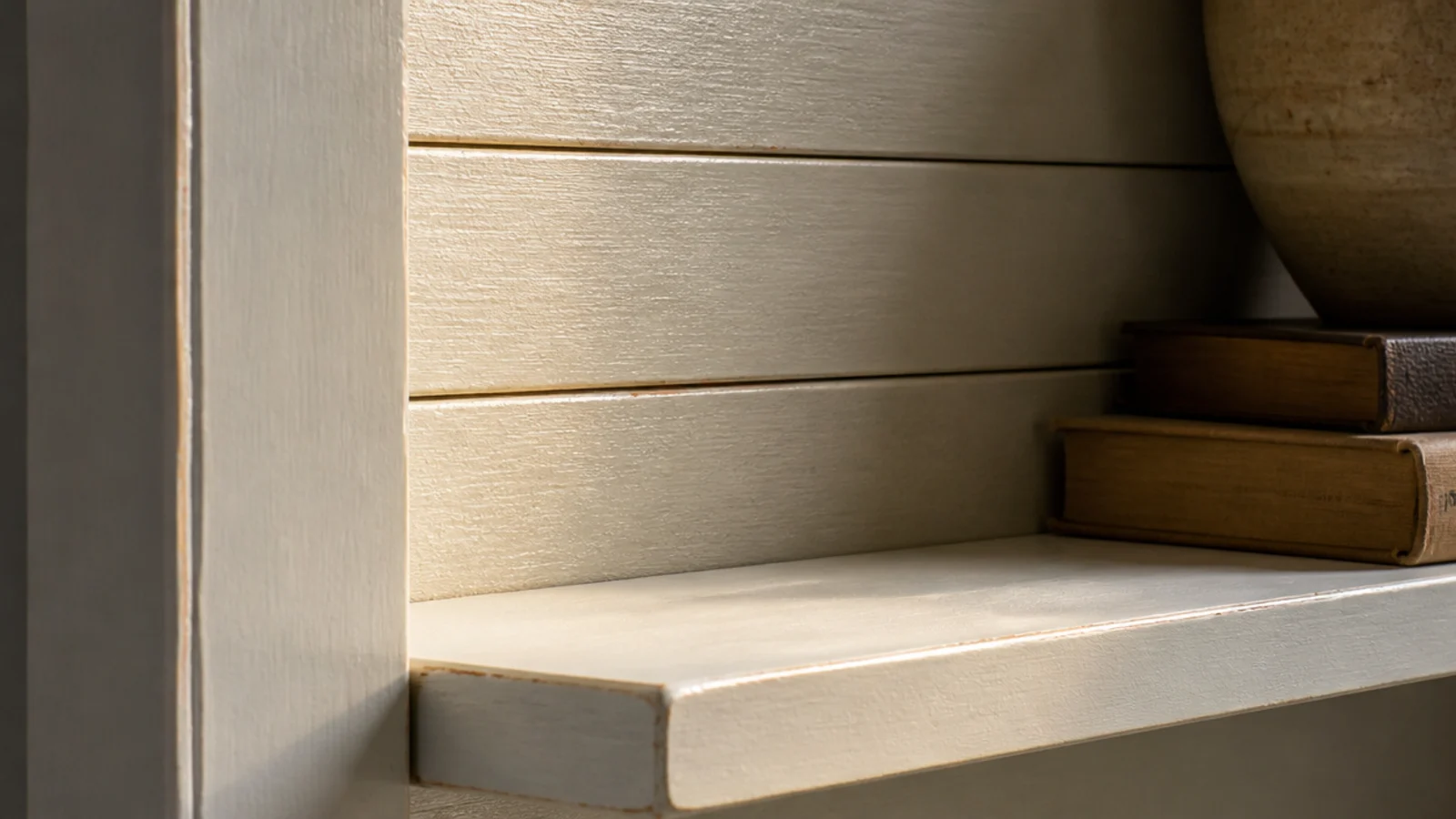 detail of chunky trim and shiplap texture on painted farmhouse shelving