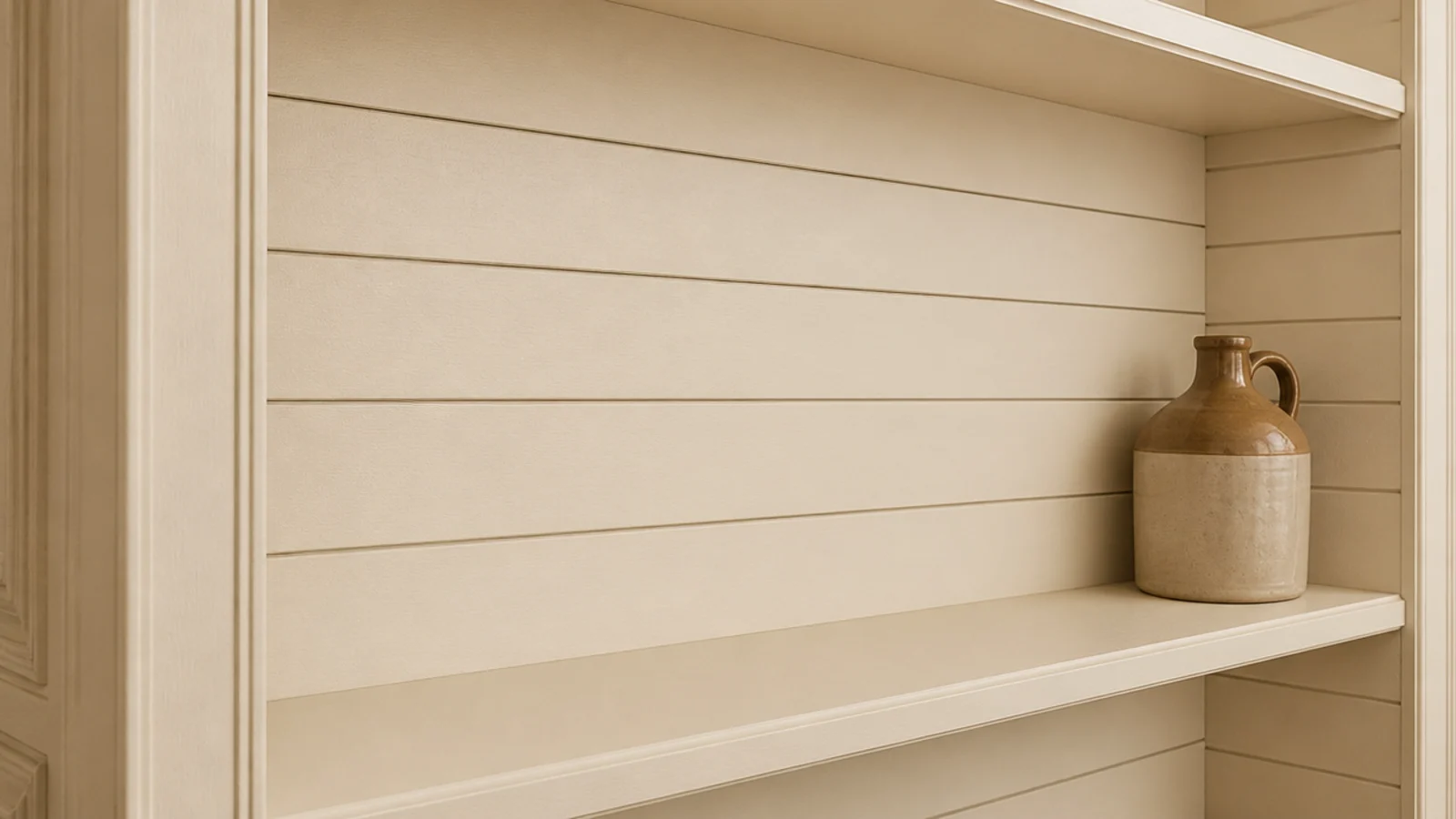 shiplap boards lining the back of cream painted living room built-in shelves