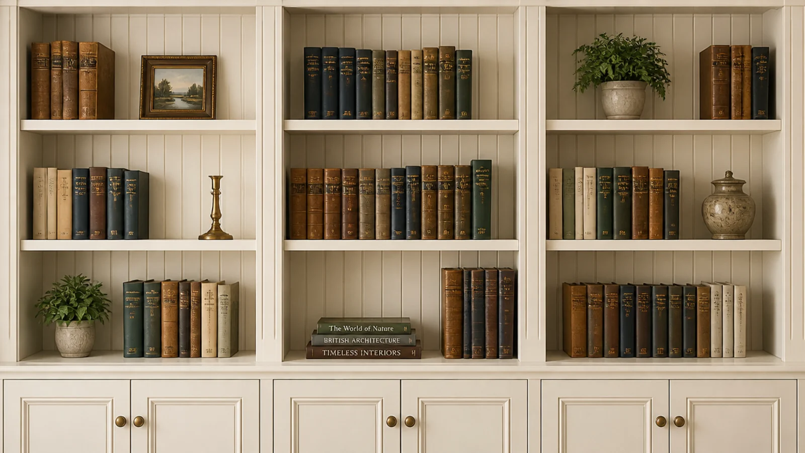 vertical beadboard panelling behind farmhouse built-in shelves holding books