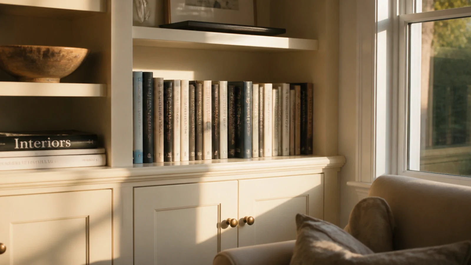 warm cream painted built-in shelving glowing against a pale living room wall