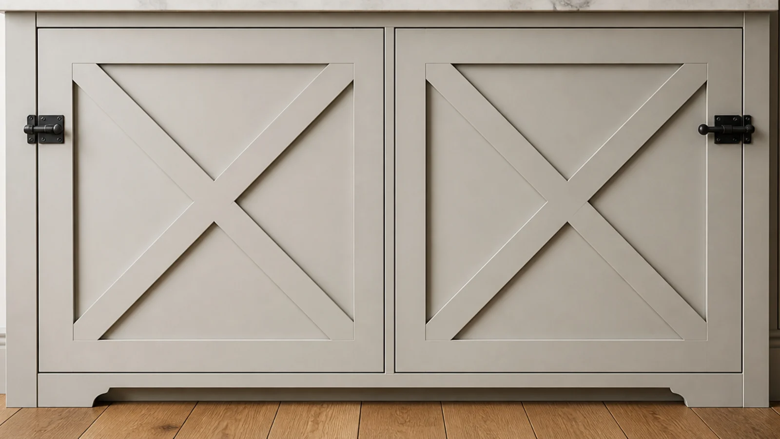x brace detail on painted cabinet doors below farmhouse built-in shelves