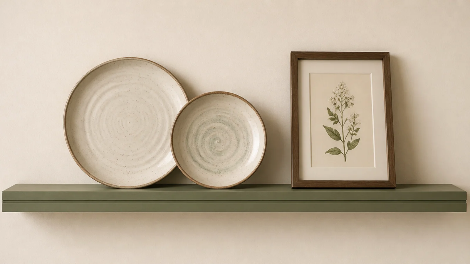 shallow groove in farmhouse built-in shelves holding leaning plates and prints