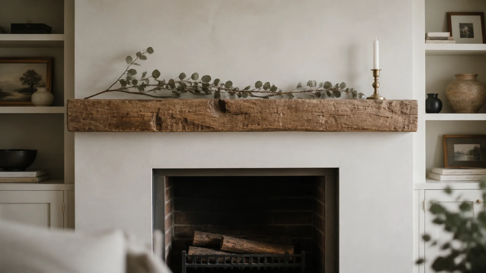 thick reclaimed mantel between two farmhouse built-in shelf towers