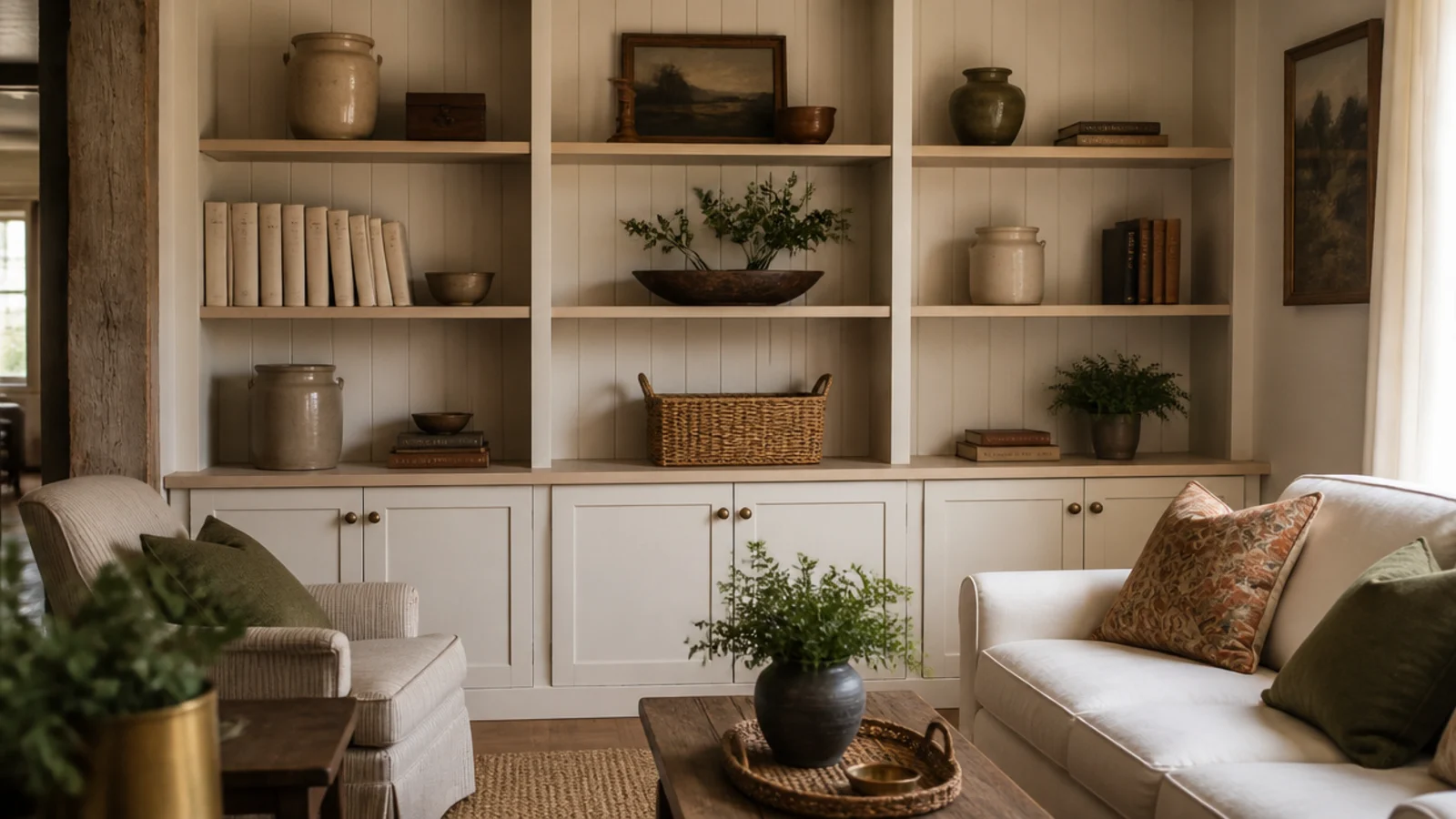 farmhouse built-in shelves with shiplap backs and cream paint in a living room