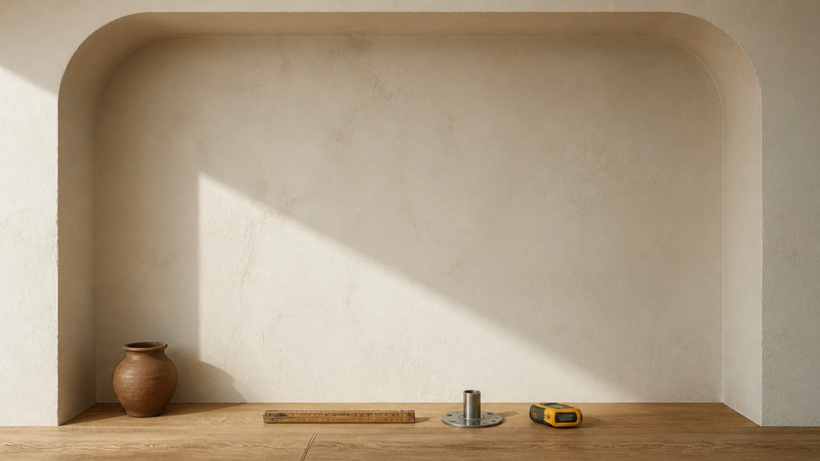 bare alcove wall with a steel rod bracket plate before the floating shelves
