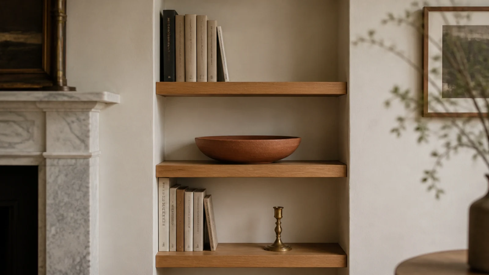 three bracketless oak shelves in a chimney alcove holding books and terracotta pottery