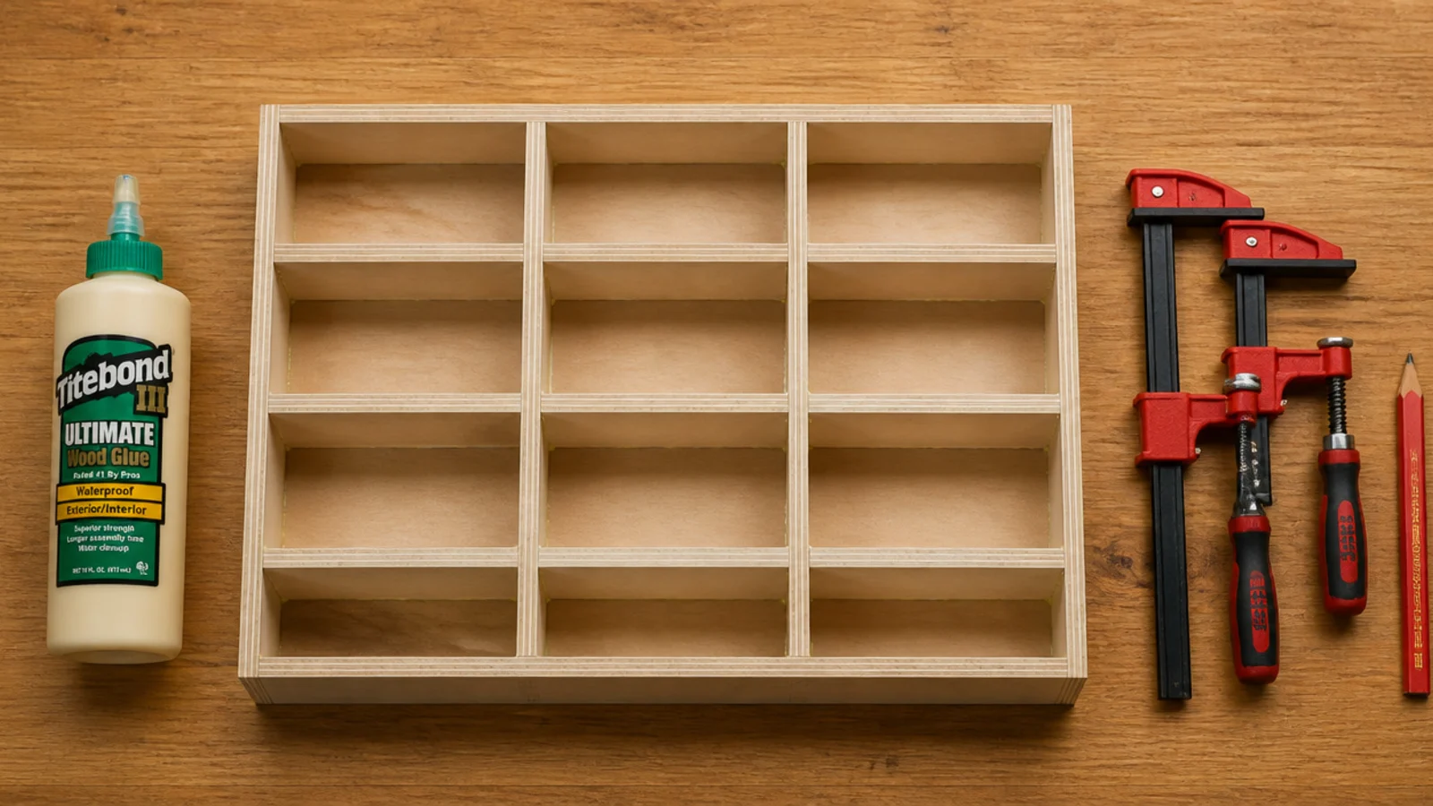 half-built plywood torsion box shelf showing the internal grid before the top skin