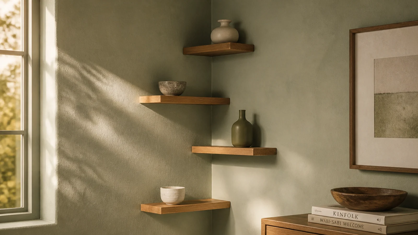 staggered floating shelves climbing an interior corner with single ceramic pieces