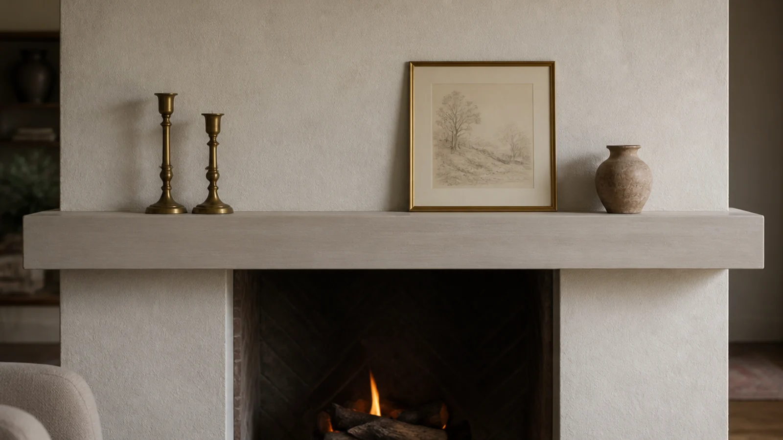 thick floating slab spanning a plaster chimney breast as a mantel above a firebox