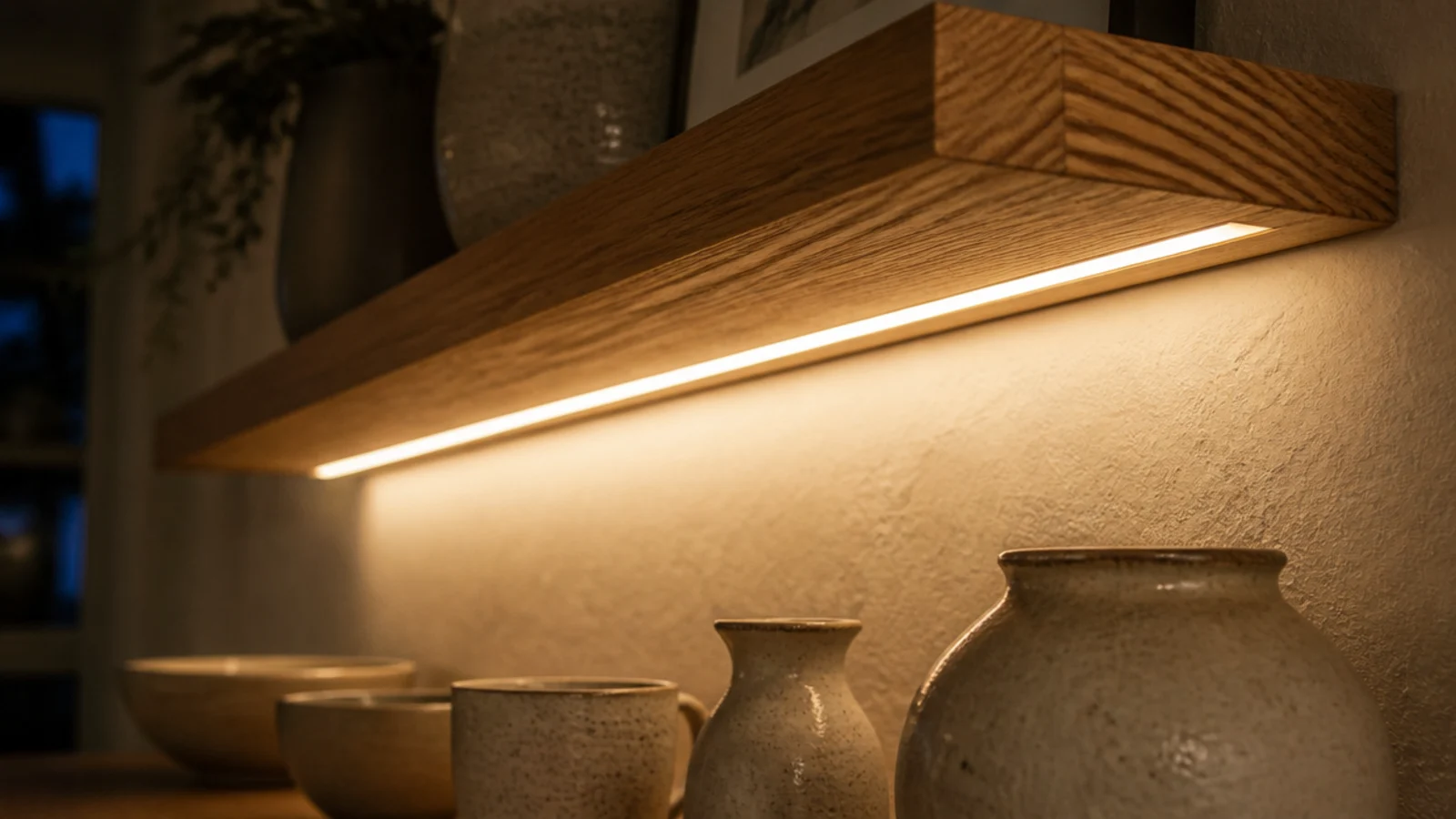 warm LED strip glowing from a routed groove under a floating oak shelf
