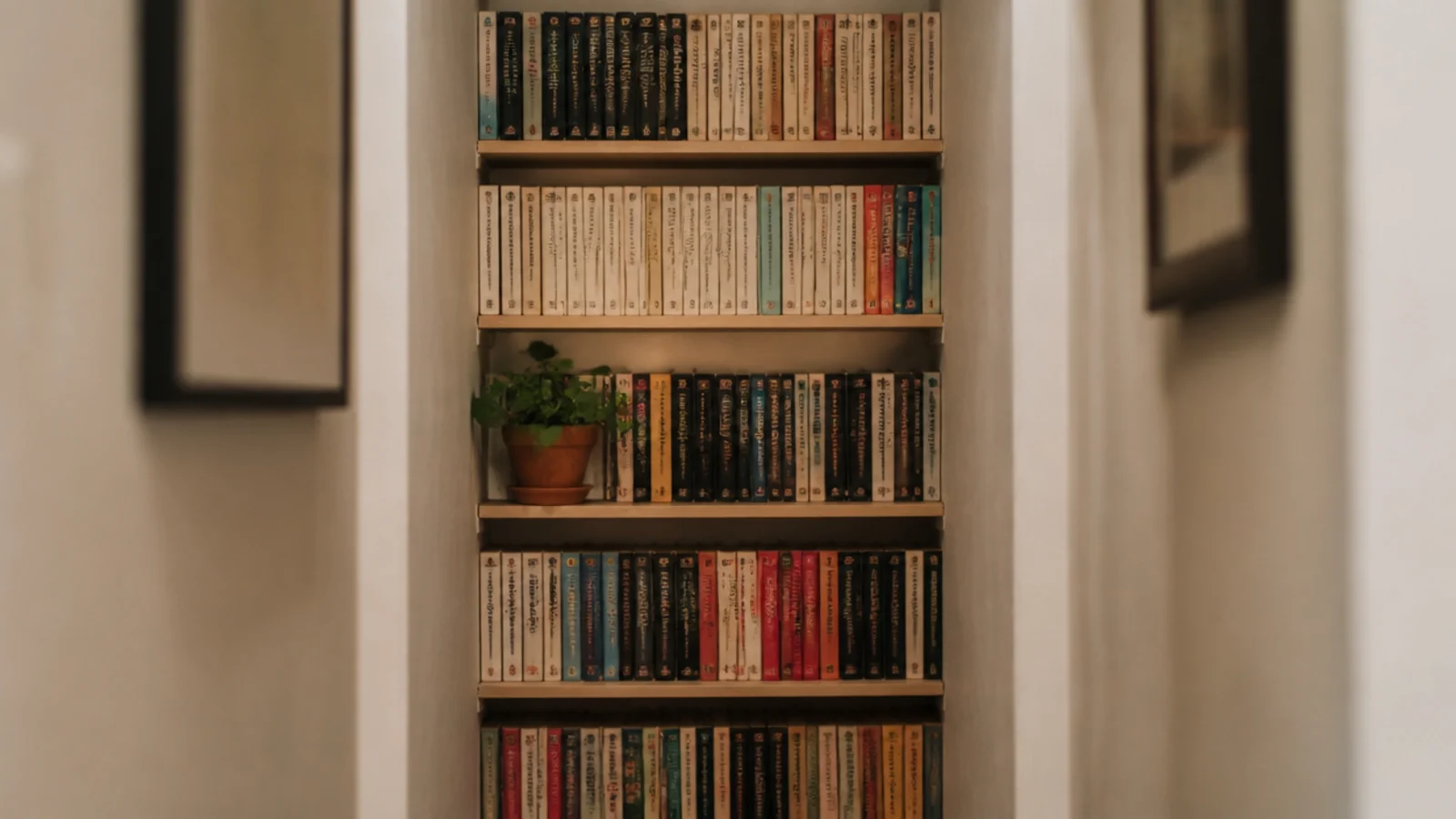 narrow alcove filled with five wall-to-wall floating shelves packed with paperbacks