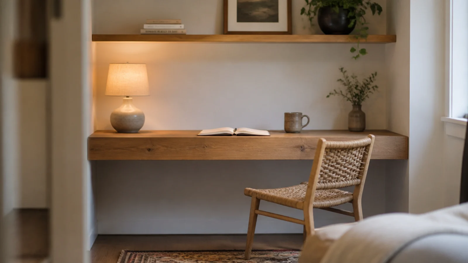 floating oak desk top and shelf in a living room work nook