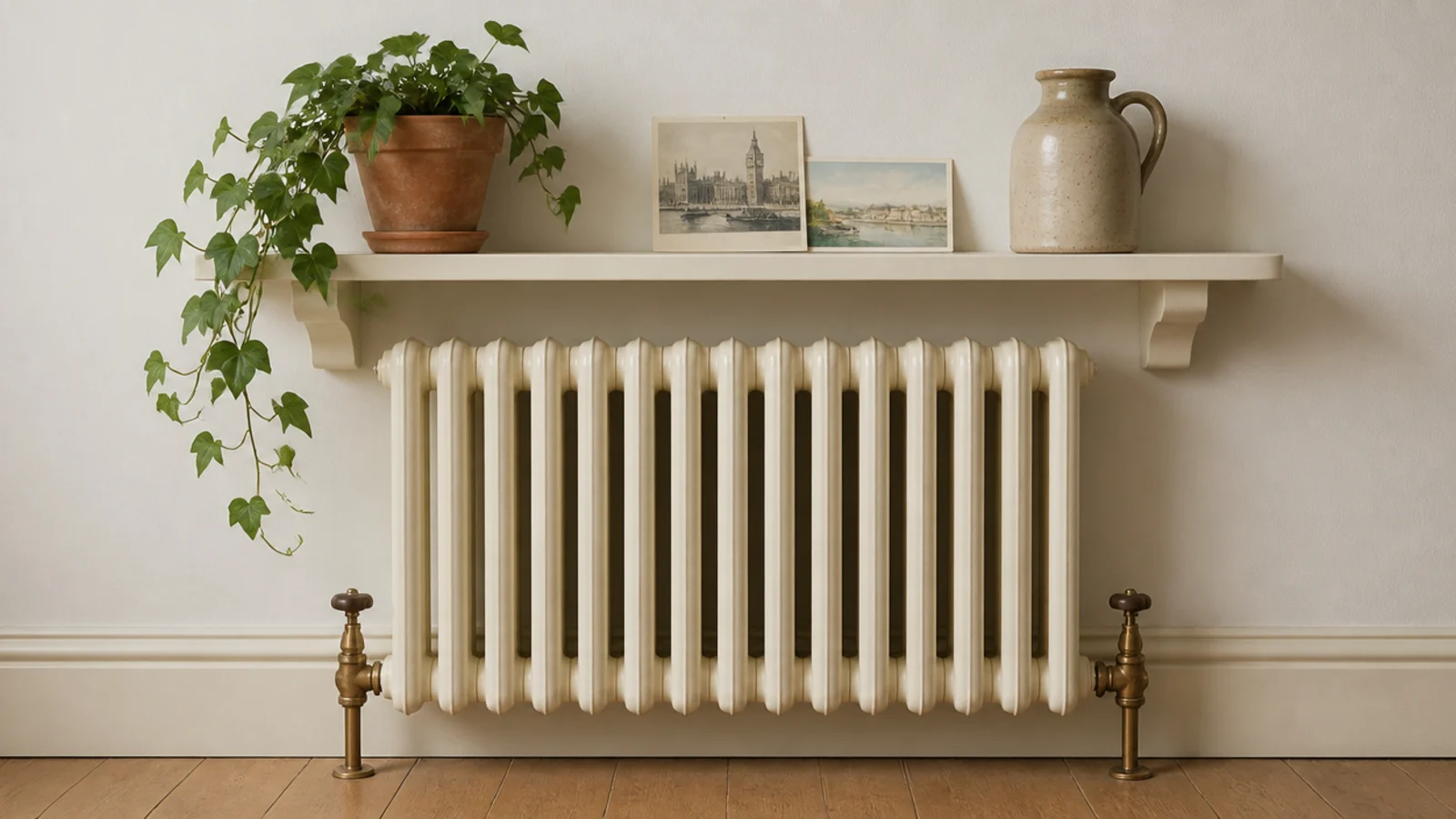 painted floating shelf hovering above a cream column radiator with trailing ivy