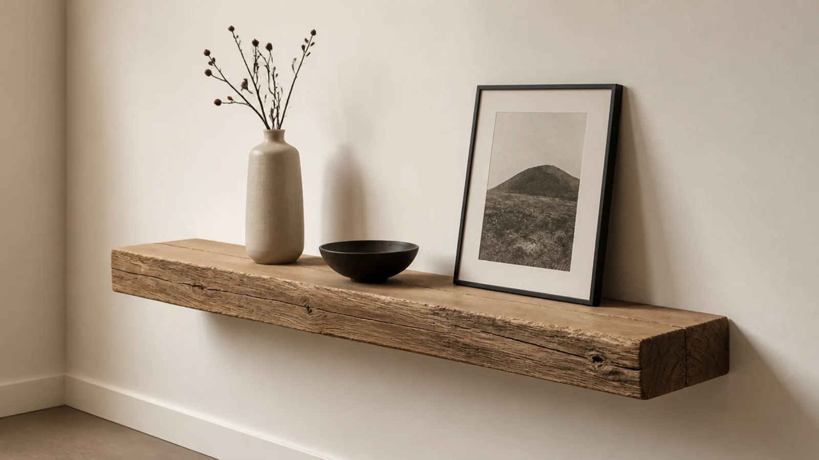 single thick oak slab floating alone on a cream wall with three objects