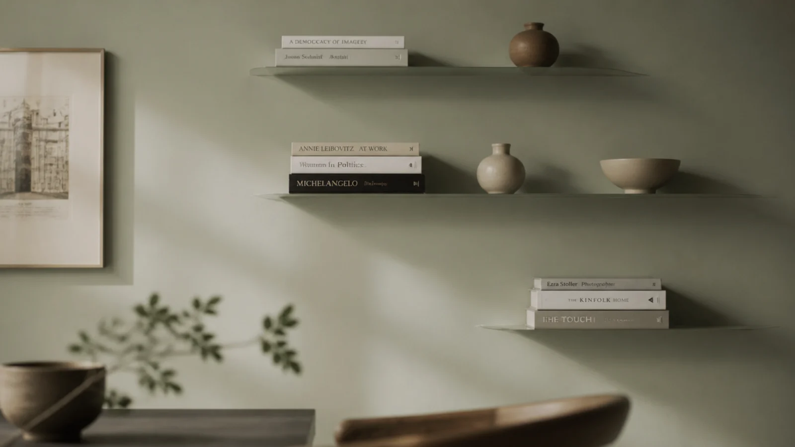 sage floating shelves painted the same color as the wall almost disappearing