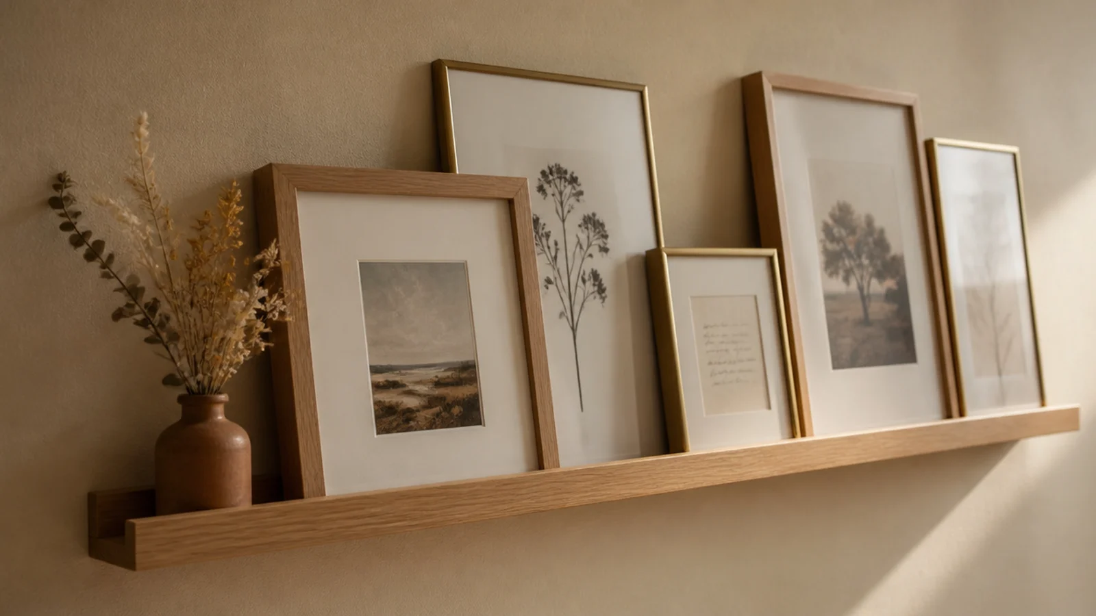 slim floating picture ledge with a lip holding overlapping oak and brass frames