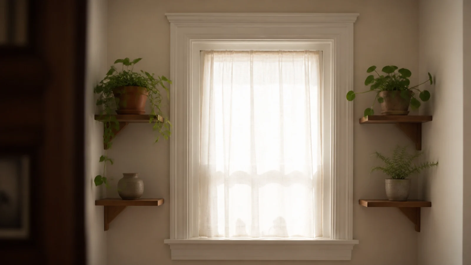 short floating shelves flanking a tall window aligned with casing and sill
