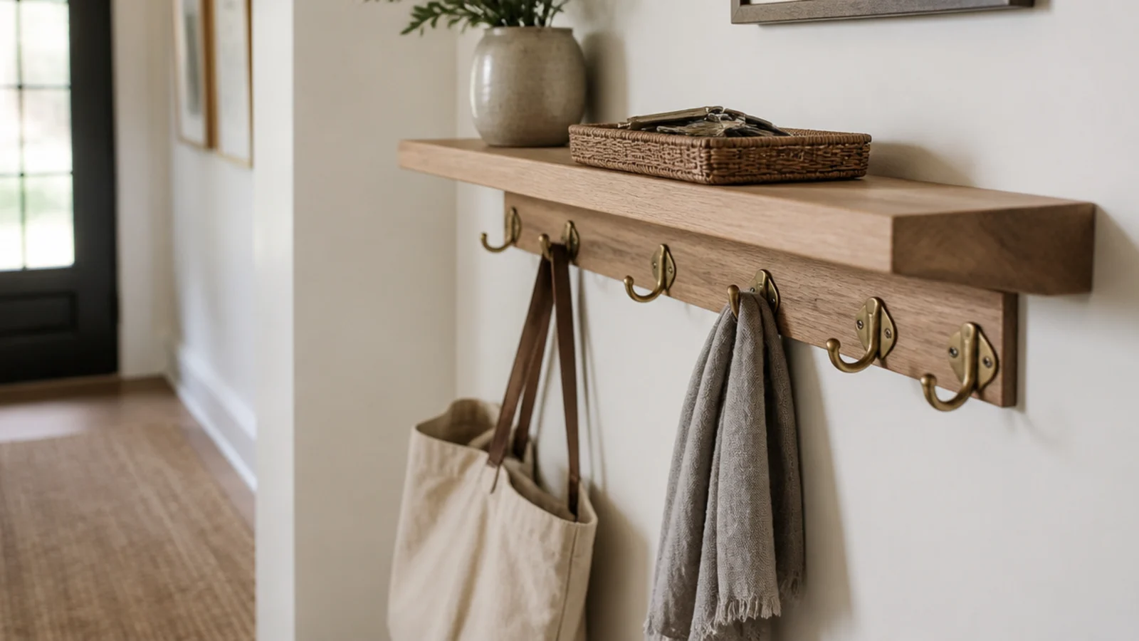 shallow floating shelf above brass hooks holding a key tray and canvas tote
