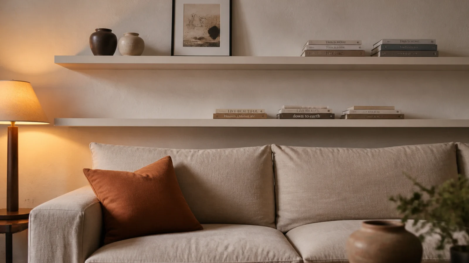 two long floating shelves above a linen sofa with books laid flat