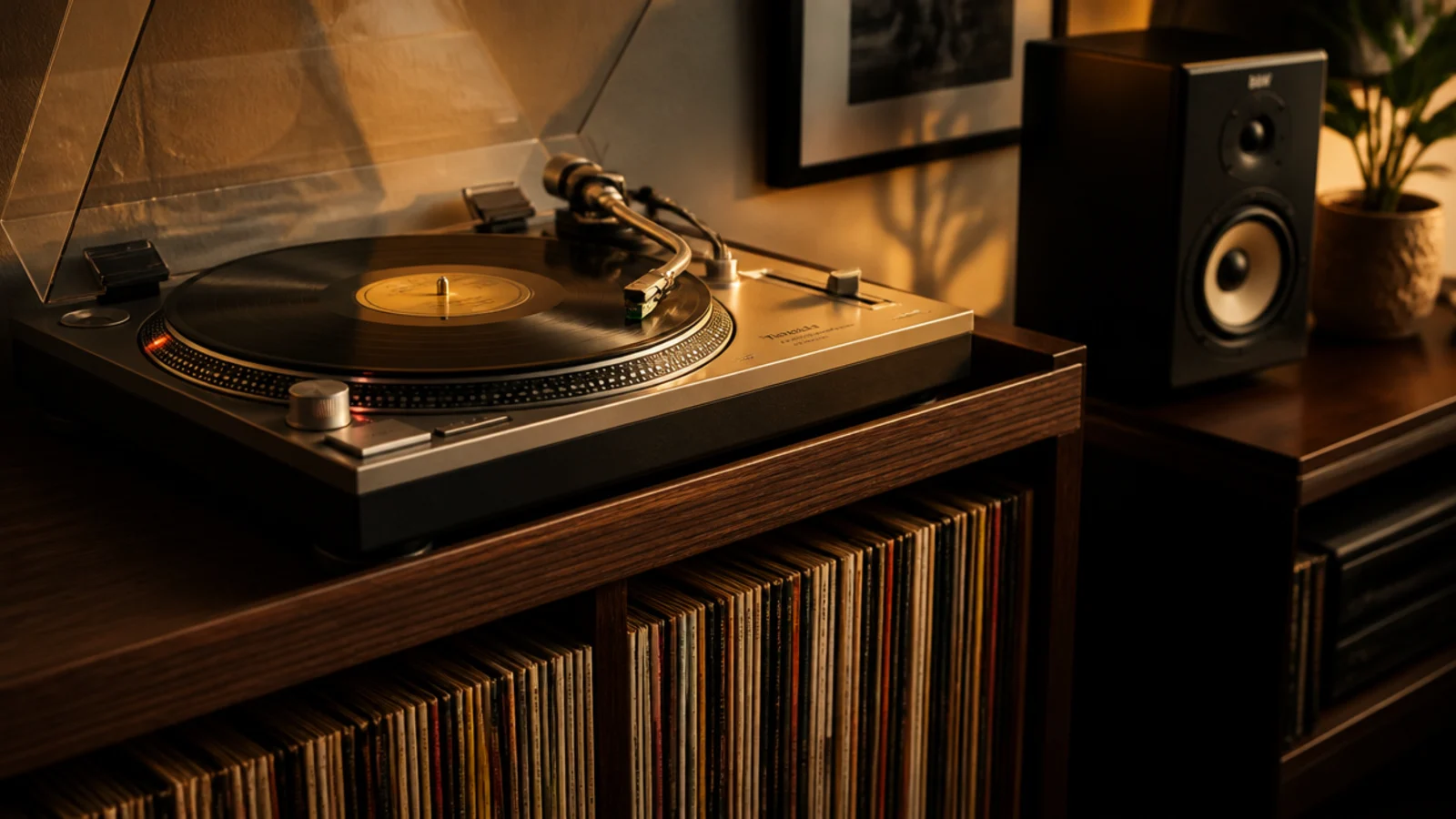 turntable resting on a deep floating walnut shelf with records stored below