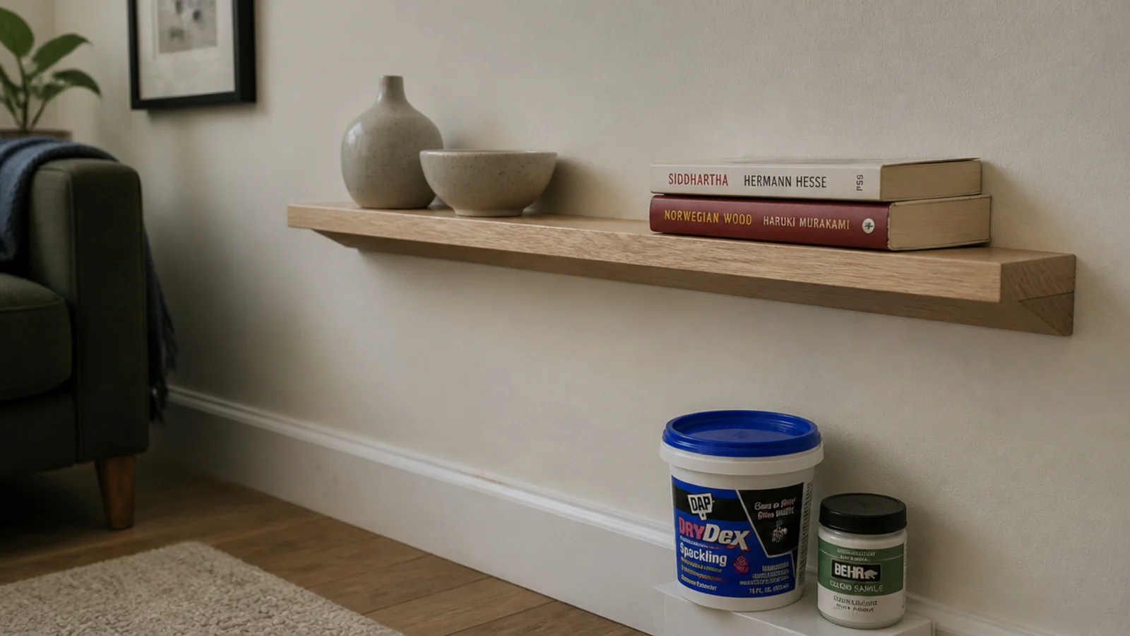 renter friendly french cleat floating shelf holding light ceramics and paperbacks