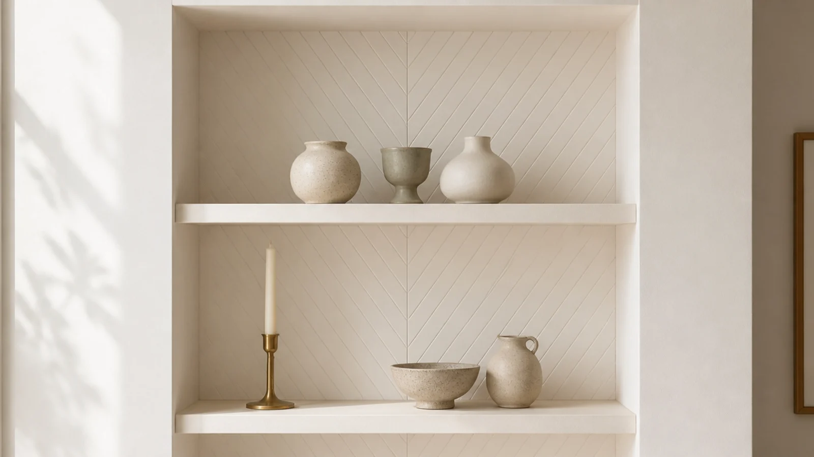 floating shelves with a painted V-groove back panel forming a built-in niche