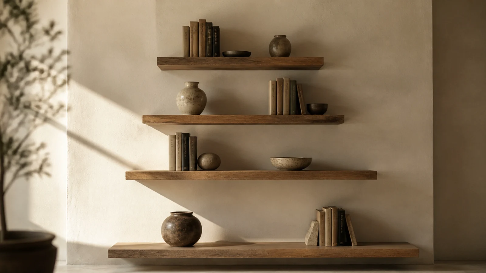 stack of four floating shelves with uneven gaps that widen toward the floor